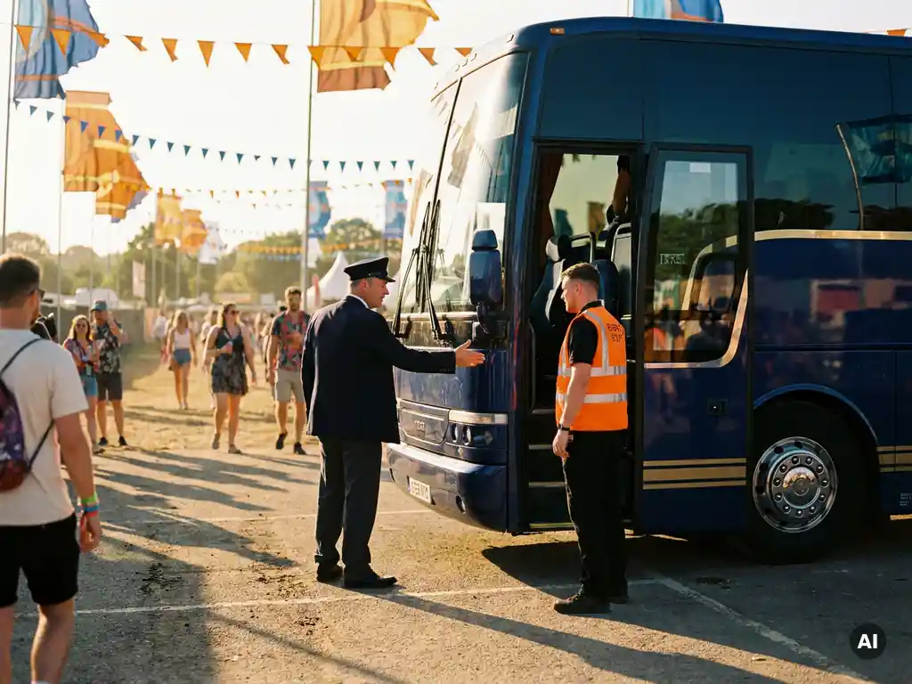 Luxe touringcar bij festivalingang met chauffeur in uniform die overlegt met medewerkers, festivalvlaggen op de achtergrond, gouden middaglicht.