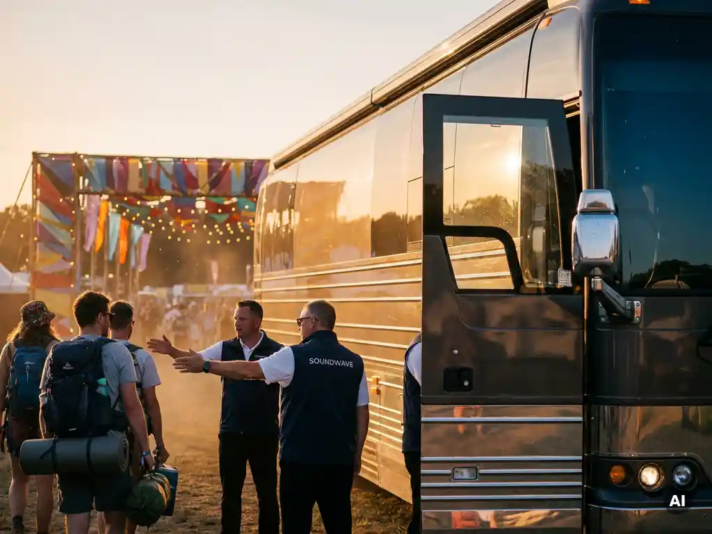 Luxe touringcar geparkeerd bij een feestivalingang tijdens het gouden uur, met personeel in branded vesten dat aankomende bezoekers begeleidt.