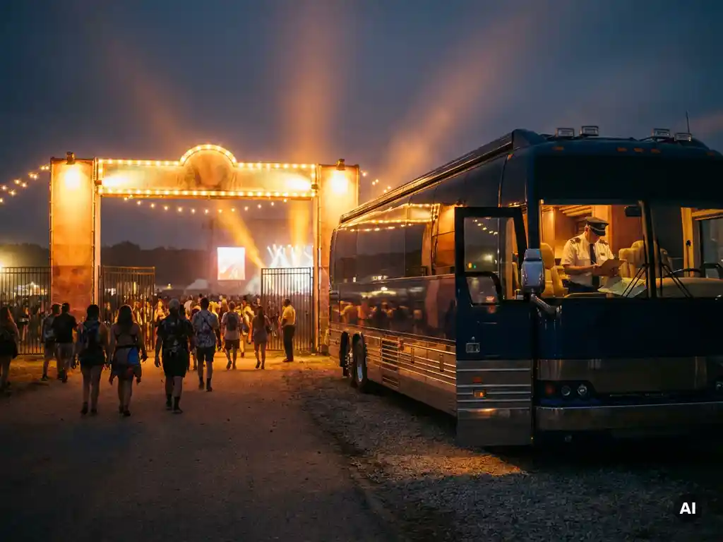 Luxe touringcar geparkeerd bij festivalterrein in de schemering, menigte richting verlichte ingang, chauffeur bekijkt routekaart.