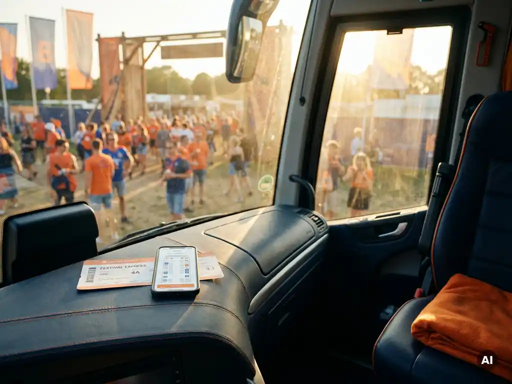 Luxe touringcar bij festivalingang met instapkaart en smartphone met stoelkaart op dashboard, gouden middaglicht.