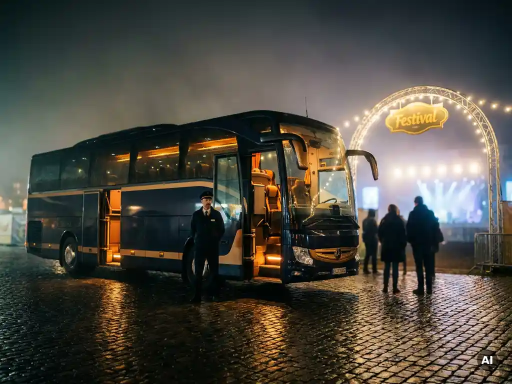 Luxe touringcar met open deuren voor een verlicht festivalterrein 's nachts, warme amberkleurige interieurverlichting weerspiegeld op natte kasseien.