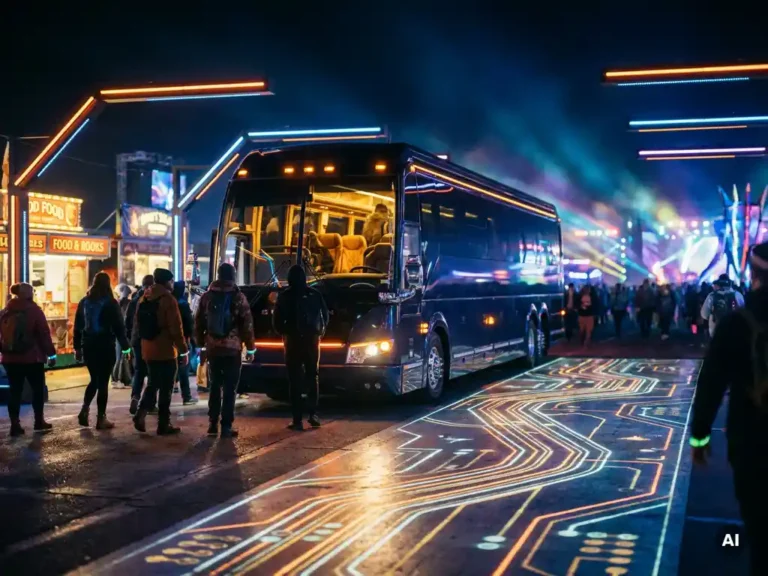 Luxe touringcar rijdt 's nachts over een verlichte festivalroute terwijl bezoekers instappen bij een bruisende stedelijke halte.