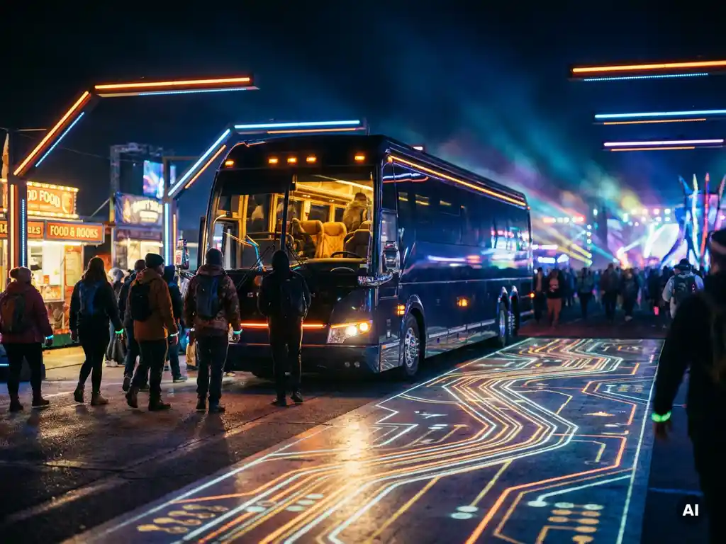 Luxe touringcar rijdt 's nachts over een verlichte festivalroute terwijl bezoekers instappen bij een bruisende stedelijke halte.