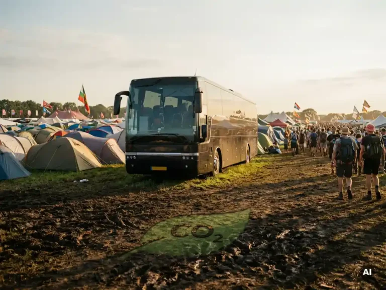Luxe touringcar geparkeerd op zonnig Nederlands festivalterrein, omringd door kleurrijke tenten en bezoekers tijdens gouden uur.