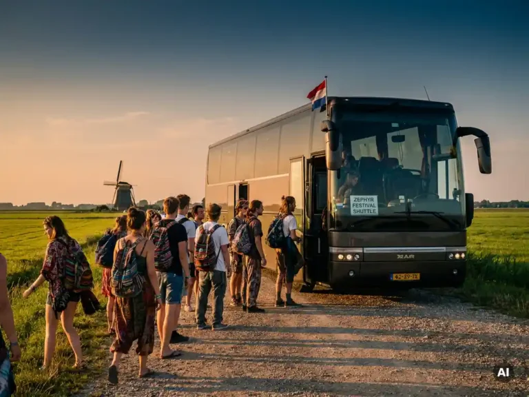 Luxe touringcar op een landelijke weg in Nederland, festivalgangers met kleurrijke rugzakken instappen, windmolen zichtbaar op achtergrond in gouden avondlicht.
