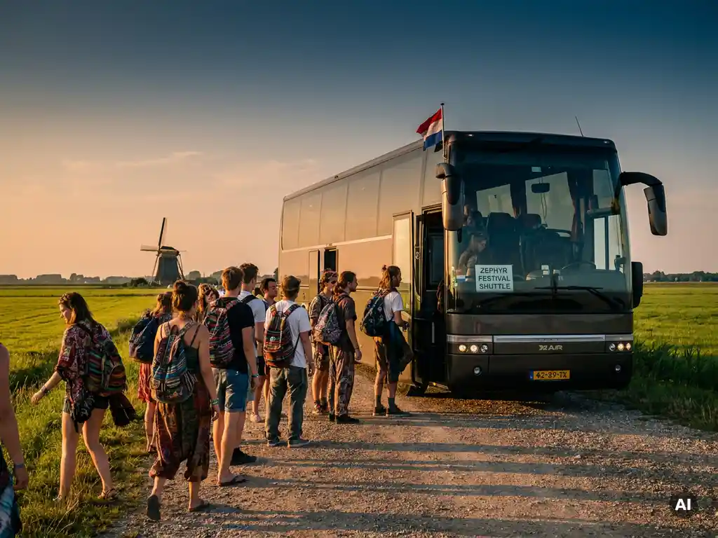 Luxe touringcar op een landelijke weg in Nederland, festivalgangers met kleurrijke rugzakken instappen, windmolen zichtbaar op achtergrond in gouden avondlicht.
