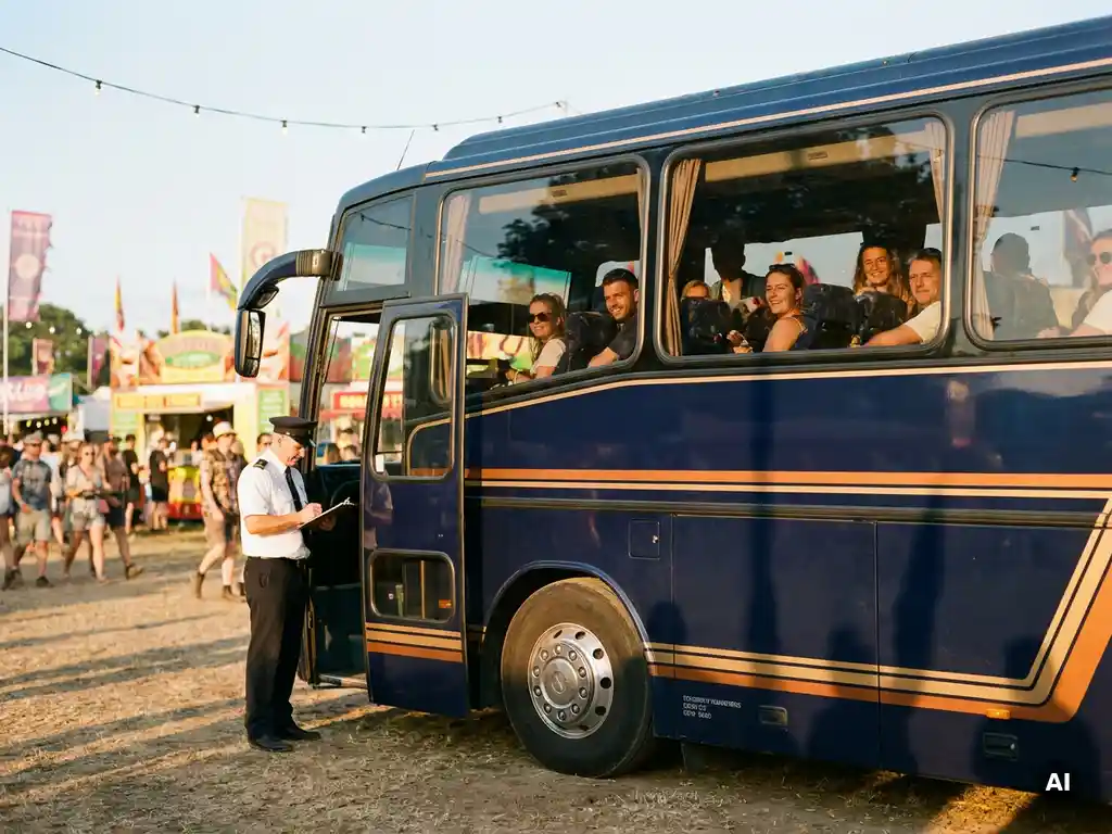 Luxe touringcar geparkeerd op festivalterrein bij gouden uur, chauffeur bekijkt routeklembord, passagiers zichtbaar door grote ramen.