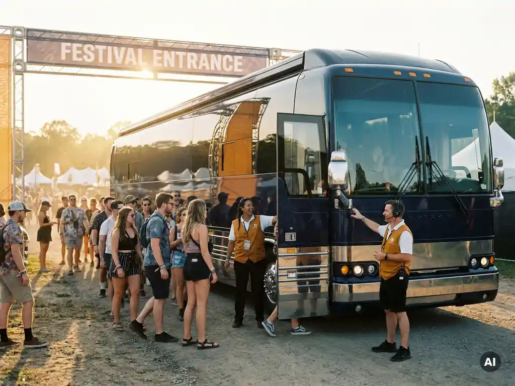 Luxe touringcar bij festivalingang met instappende bezoekers, polsbandjes en evenementpersoneel in goudkleurig middaglicht.