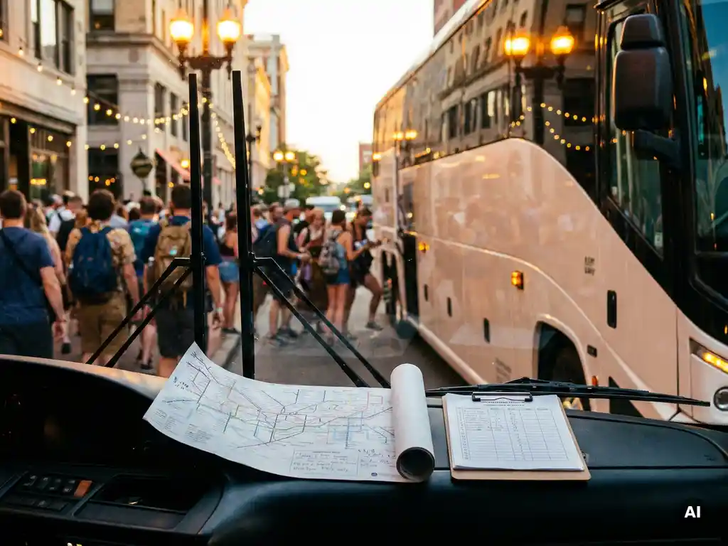 Luxe touringcar bij druk stadshalte in gouden uurtje, routekaart en klembord op dashboard, festivalgangers stappen op de achtergrond in.
