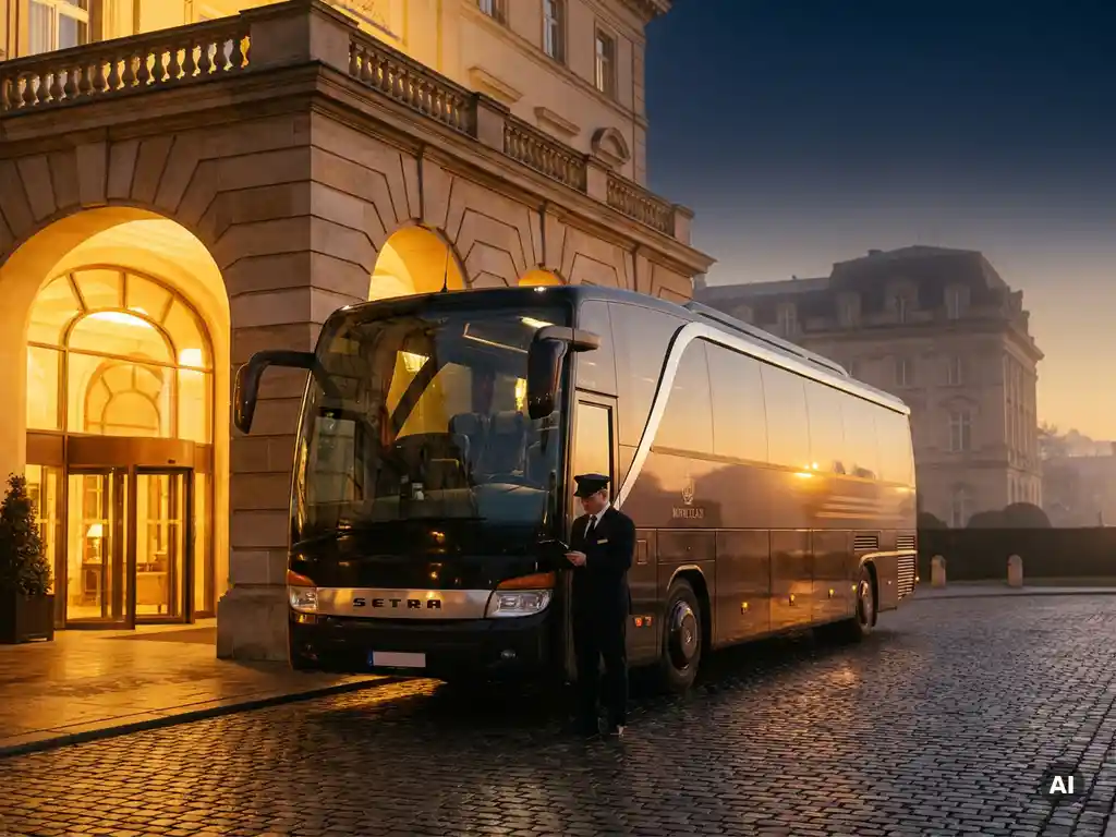 Luxe touringcar voor een grand hotel bij dageraad, met uniformed chauffeur die klembordschema controleert op verlicht kasseienpad.
