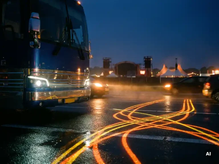 Luxe touringcar op natte Nederlandse snelweg bij schemering, omgeven door gloeiende routelijnen en festivalsilhouetten aan de horizon.