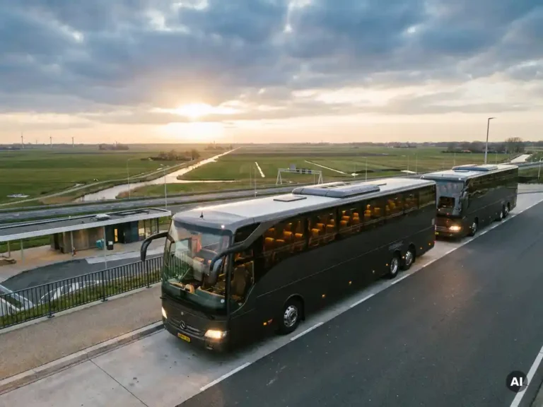Luxe touringcar op moderne snelwegparkeerplaats in vlak Belgisch-Nederlands landschap, gouden licht breekt door bewolkte lucht.
