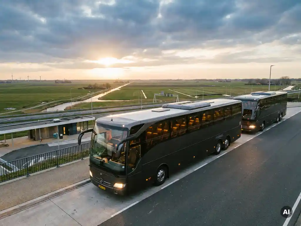 Luxe touringcar op moderne snelwegparkeerplaats in vlak Belgisch-Nederlands landschap, gouden licht breekt door bewolkte lucht.