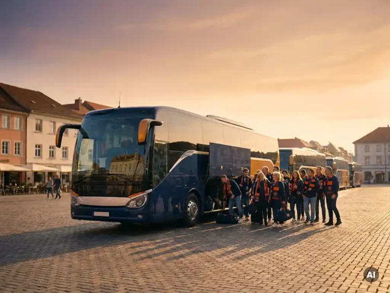 Luxe touringcar op een stadsplein bij gouden uur, omringd door sportfans in teamkleuren die bagage inladen, konvooi op de achtergrond.