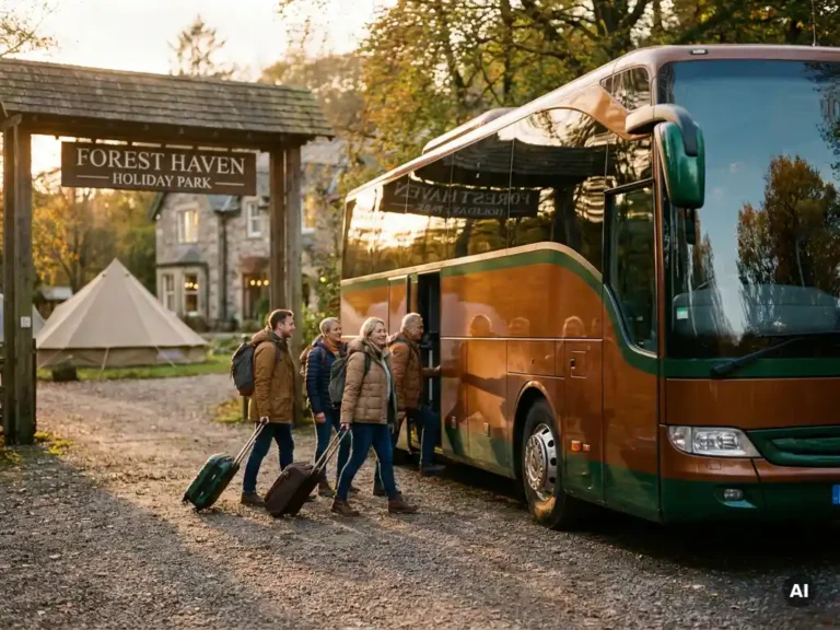 Luxe touringcar bij ingang van vakantiepark in gouden uurtje, passagiers stappen in met bagage, tent en hotel op achtergrond.