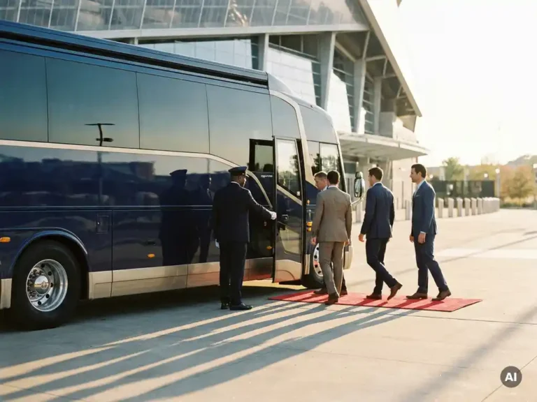 Luxe touringcar bij stadioningang met chauffeur die deur openhoudt voor VIP-gasten op rode loper, dramatisch middaglicht.
