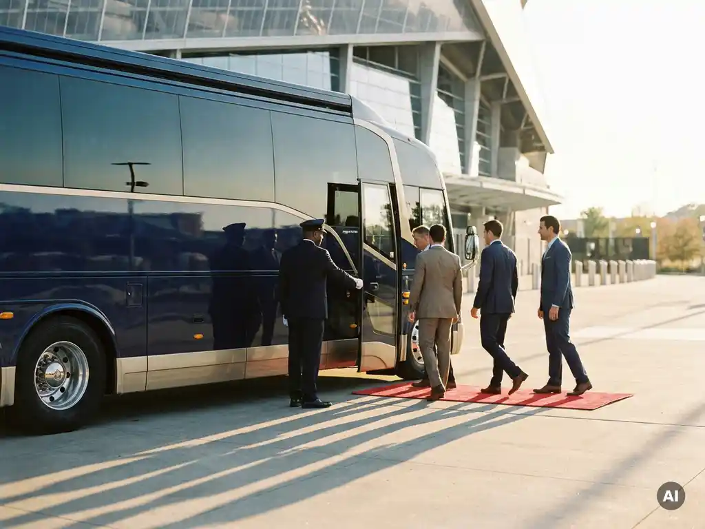 Luxe touringcar bij stadioningang met chauffeur die deur openhoudt voor VIP-gasten op rode loper, dramatisch middaglicht.