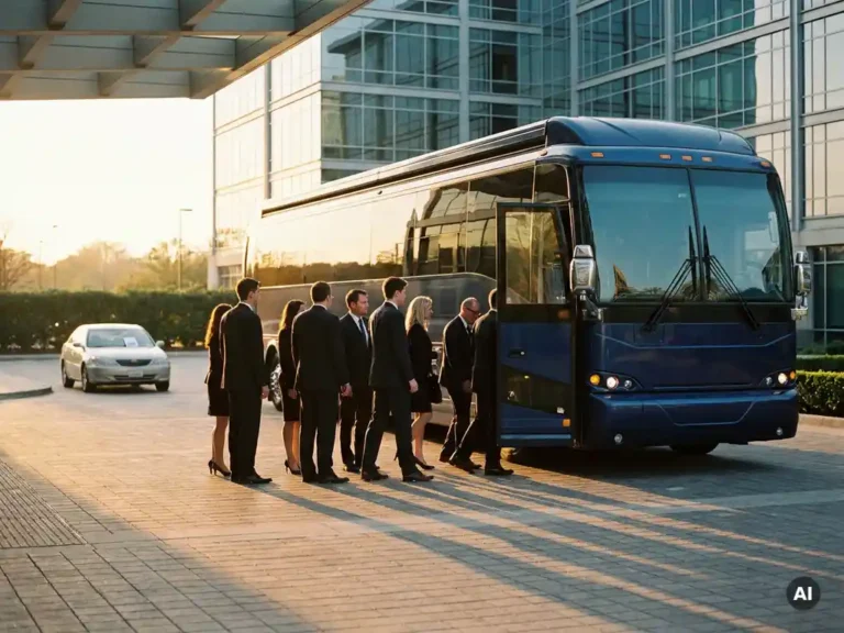 Luxe touringcar bij ingang van zakelijk evenement met instappende professionals en geparkeerde auto op de achtergrond in warm middaglicht.