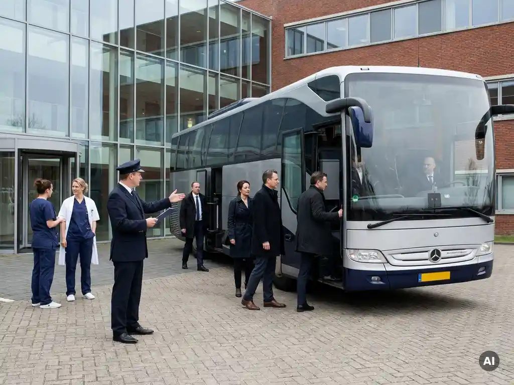 Luxe touringcar voor een moderne Nederlandse zorginstelling, met chauffeur en medisch personeel bij de ingang.