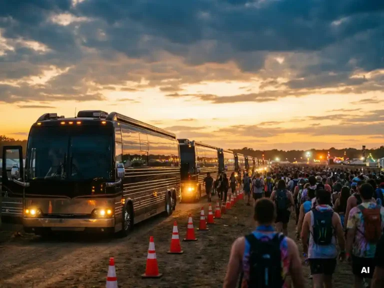 Luxe touringcars in formatie bij een druk festivalterrein, menigten instappend tijdens het gouden uur met oranje verkeerskegels.
