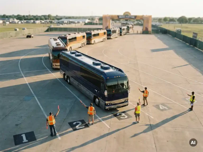 Luxe touringcars rijden in formatie naar genummerde poortstroken bij festivalingang, begeleid door grondpersoneel in hesjes, gouden middaglicht.