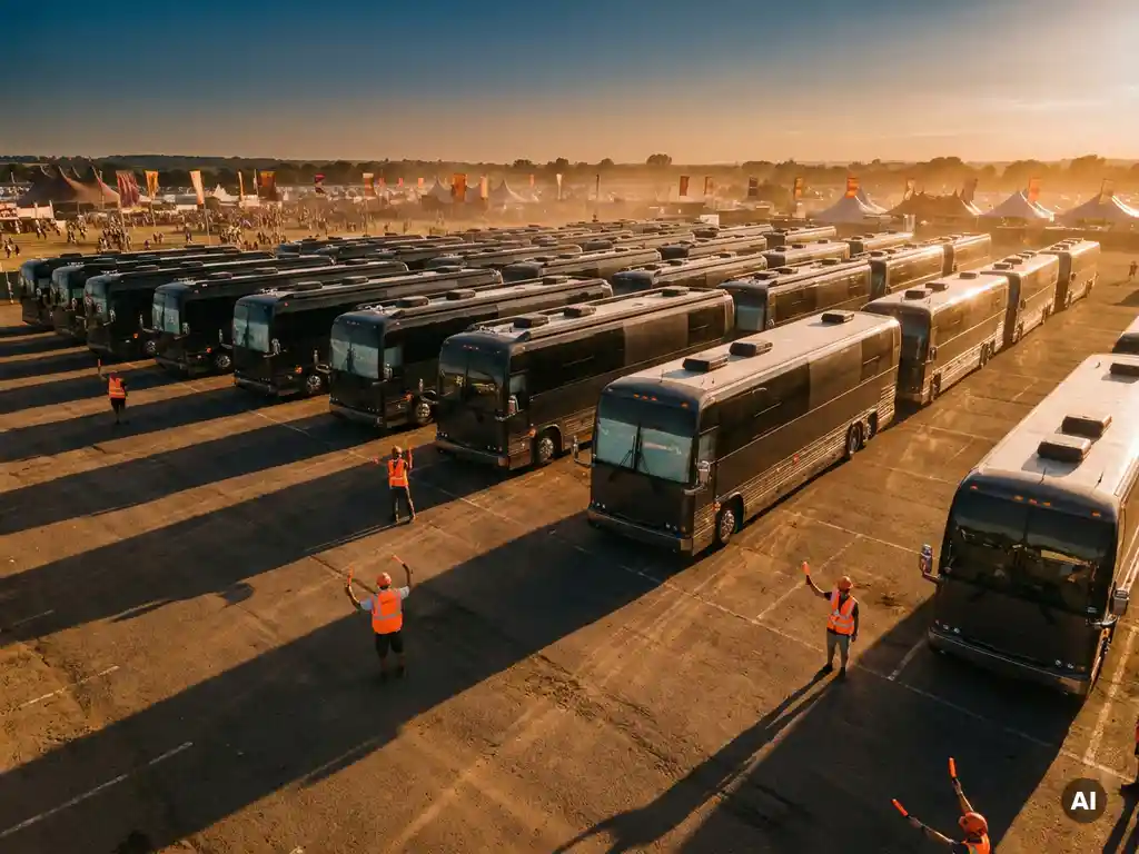 Luxe touringcars opgesteld in rij op festivalterrein, grondpersoneel in oranje veiligheidsvesten regelt verkeer in warm middaglicht.