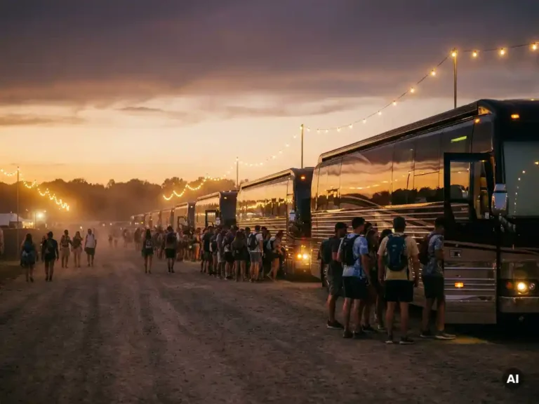 Luxe touringcars rijden op in de schemering bij festivaluitgang terwijl bezoekers geordend instappen onder een gouden en paarse hemel.
