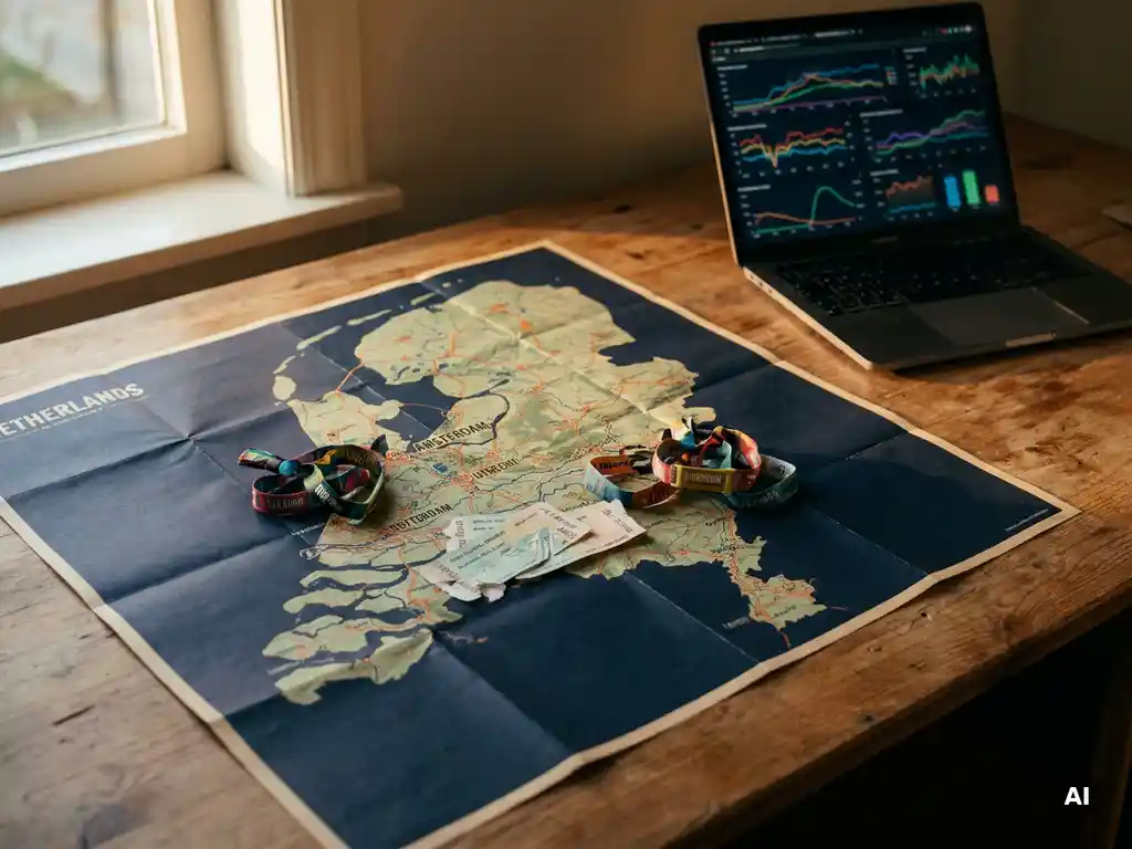 Detailkaart van Nederland op een bureau met festivalpolsbandjes en bustickets bij verschillende steden, laptop met boekingsgrafiek op de achtergrond.