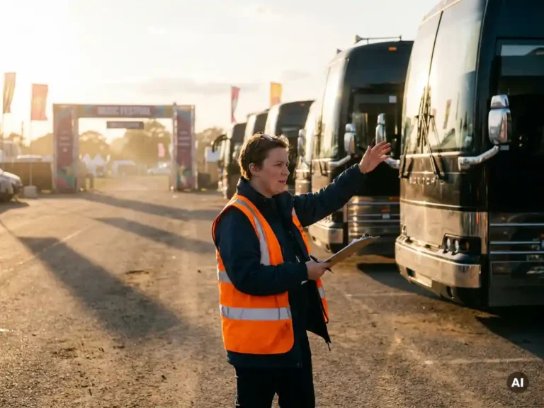 Projectmanager in veiligheidsvestje coördineert luxe touringcars bij festivalingang, klembord in hand, in gouden middaglicht.