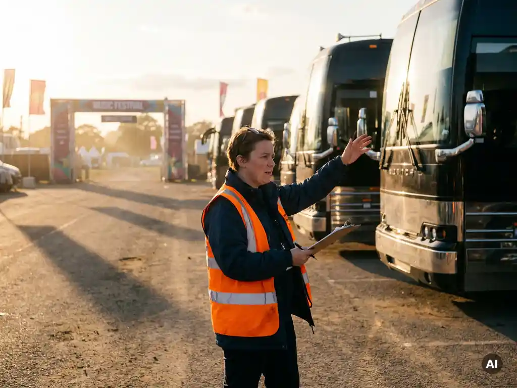 Projectmanager in veiligheidsvestje coördineert luxe touringcars bij festivalingang, klembord in hand, in gouden middaglicht.