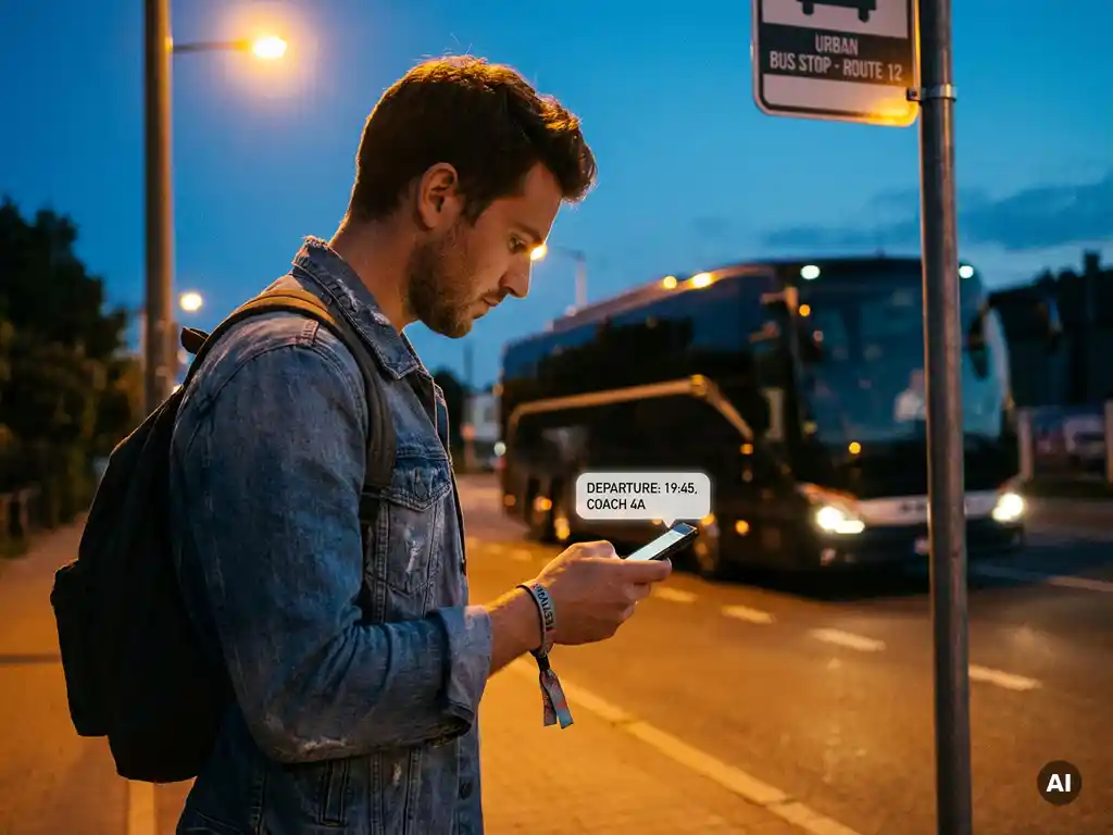 Reiziger bekijkt busvertrektijden op smartphone bij stedelijke bushalte, luxe touringcar zichtbaar op achtergrond in avondlicht.