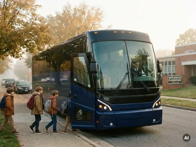 Kinderen met rugzakken stappen in een moderne touringcar voor een school, terwijl de chauffeur vriendelijk glimlacht in gouden ochtendlicht.