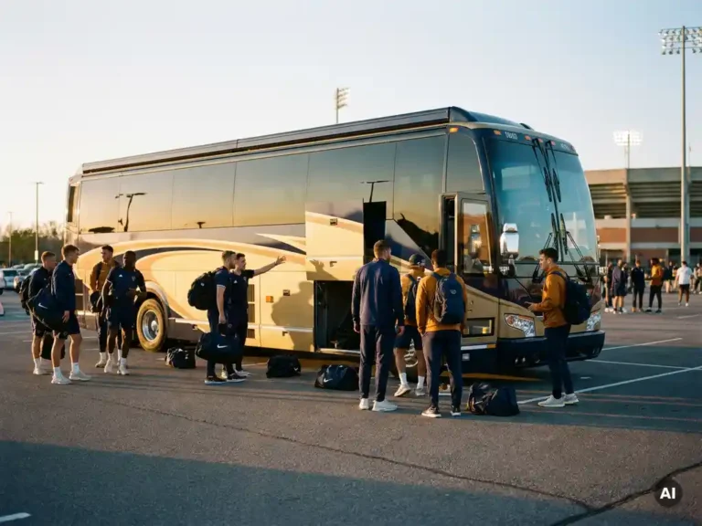 Sportteams stappen bij schemering in een luxe touringcar op een stadionparkeerplaats, sporttas­sen en shirts zichtbaar.