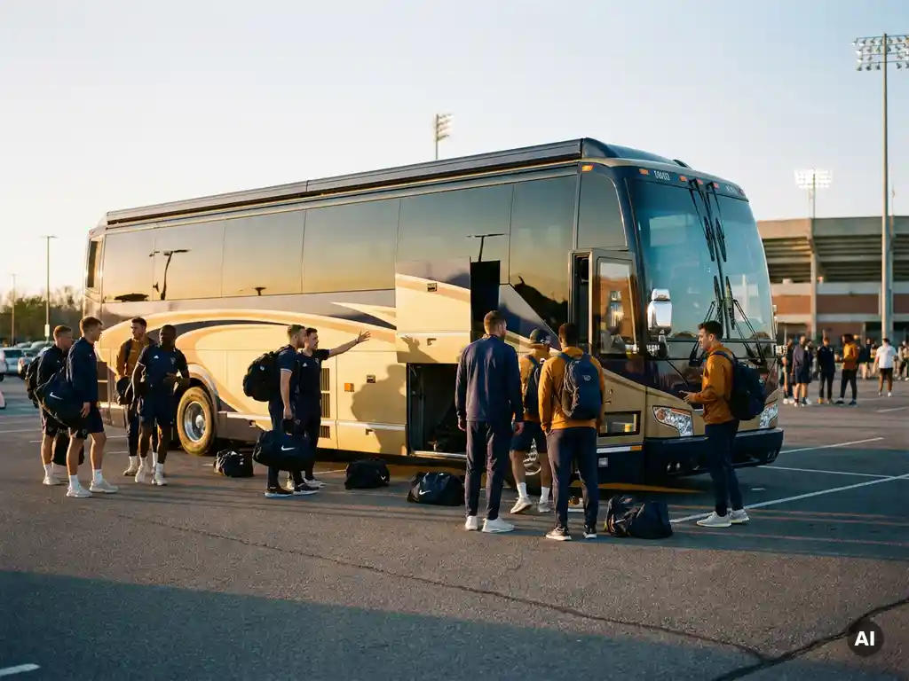 Sportteams stappen bij schemering in een luxe touringcar op een stadionparkeerplaats, sporttas­sen en shirts zichtbaar.
