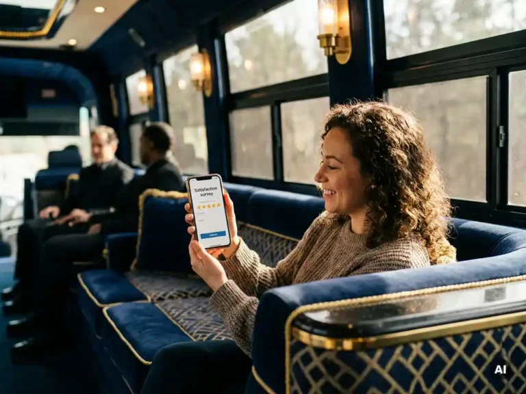 Glimlachende buspassagier vult tevredenheidsenquête in op smartphone in luxe touringcar met warme sfeerverlichting.