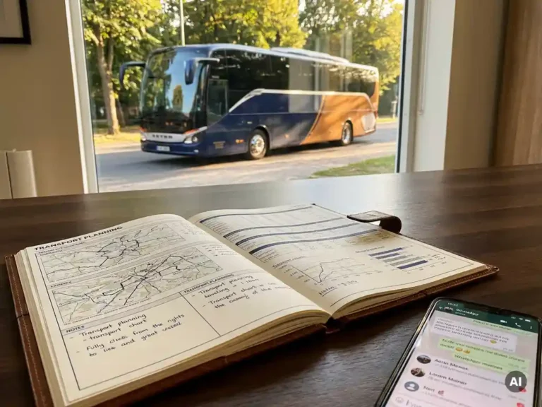 Transportplanningsdocument op modern bureau met luxe touringcar op achtergrond en smartphone met WhatsApp-gesprek ernaast.