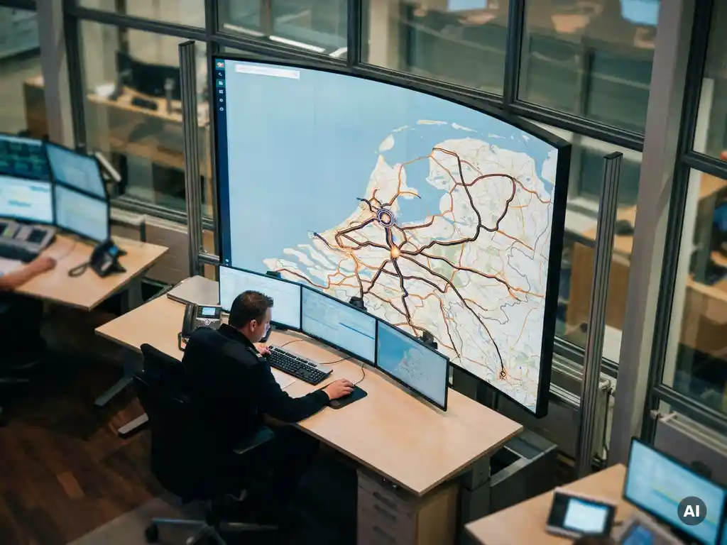 Vlootdispatcher bekijkt digitaal routekaartdashboard met touringcarlijnen door Nederland in modern operatiecentrum.