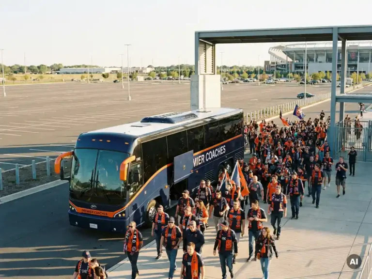 Luxe touringcar lost voetbalsupporters in oranje en marineblauw af bij een stadioningang, met een vrijwel leeg parkeerterrein op de achtergrond.