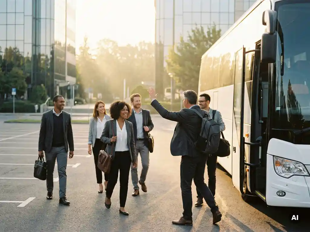 Collega's stappen lachend in een moderne touringcar op een zonnig bedrijfsparkeerterrein, één medewerker zwaait uitnodigend in gouden ochtendlicht.